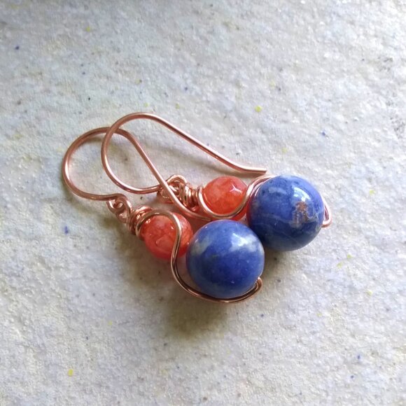 Denim Days Earrings: Sodalite, Fiery Agate & Copper Wire Wrap @ OOAK Fall Combo - Picture 2 of 11